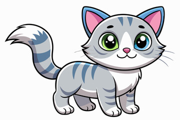 Fototapeta premium Cartoon Gray and White Cat with Blue Eyes