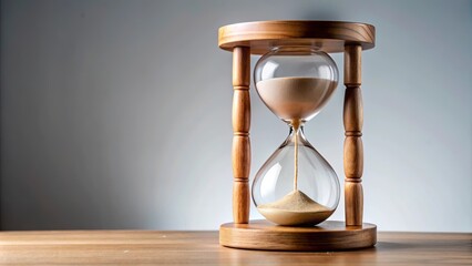 Wooden hourglass with sand flowing inside, isolated on background
