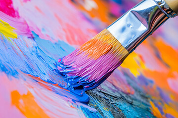 Fototapeta premium Vibrant Brushstroke: Macro Detail of Paintbrush Applying Colorful Texture on Canvas with Palette in Background