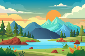 Mountain Range Landscape with River and Sunset