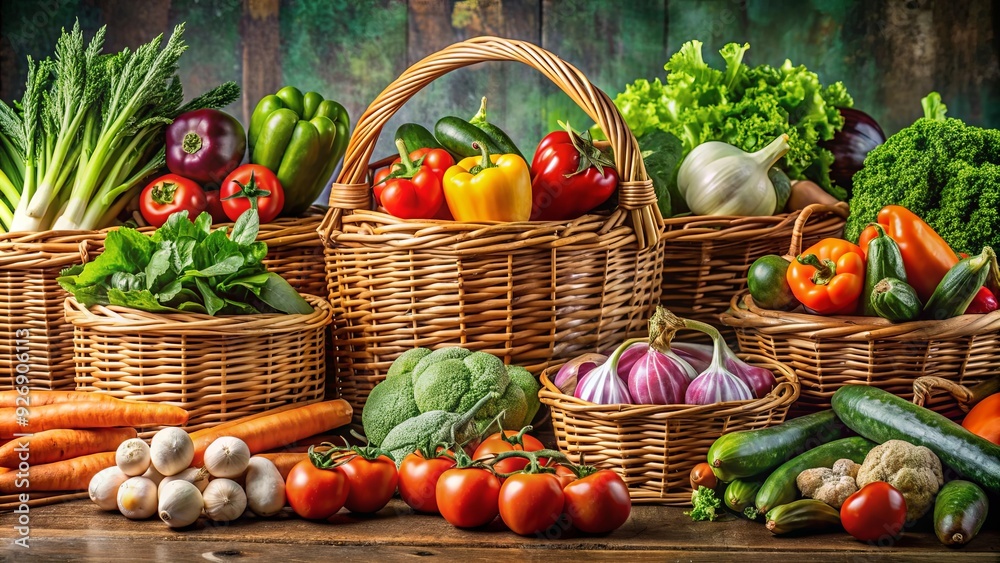 Wall mural Collection of various fresh vegetables in baskets on background