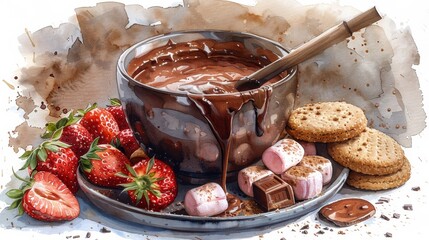 Watercolor Chocolate Fondue with Strawberries, Marshmallows, and Cookies