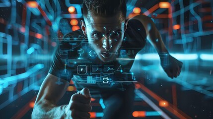 A man wearing a black shirt with futuristic interface superimposed over his body runs forward in a dark environment with orange and blue lights blurred in the background.