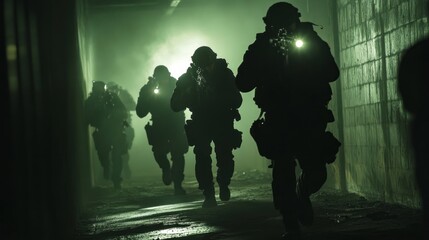 Fototapeta premium Elite Special Ops Team Navigates Abandoned Facility: A Thrilling Mission