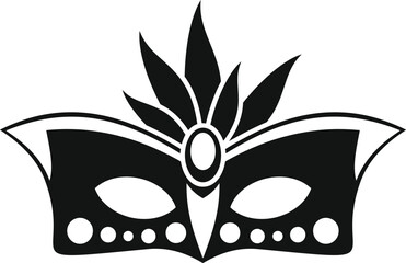 Black and white graphic illustration of a smiling mardi gras mask with gemstones and feathers