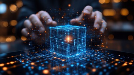 A futuristic 3D cube composed of blue and orange blocks floating above a tablet screen 