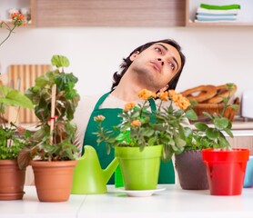 Young handsome man cultivating flowers at home