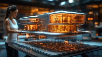 A futuristic smart home model displayed on a holographic interface