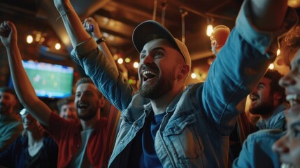 Excited sports fans celebrating victory while watching soccer match on TV in pub. 