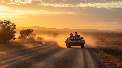 Fototapeta premium Tank Convoy Rolling Through Dawn on a Dusty Road