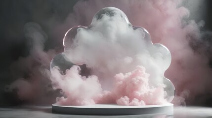 Pink smoke cloud emerging from a white pedestal in a black room, volumetric fog and ambient occlusion render, video art