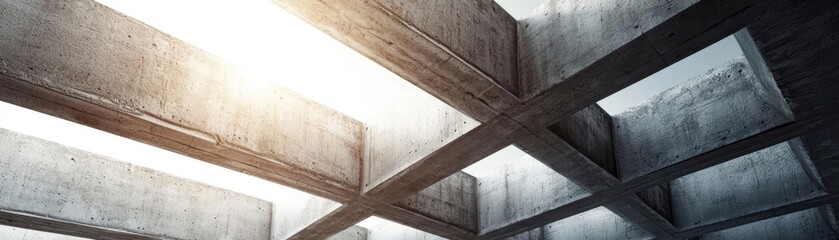 Abstract concrete ceiling with beams creating a geometric pattern.