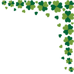 Abstract corner border of clover leaves with 4 petals and decorative hearts in trendy green Isolated
