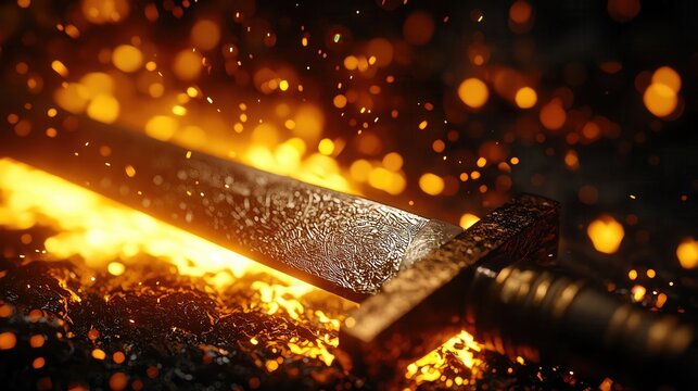 A master blacksmith forges a legendary sword in a fiery forge, sparks flying, close-up shot, intense lighting, epic fantasy style