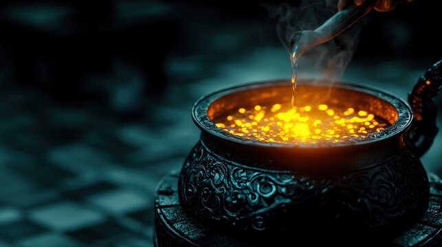A legendary potion maker brews a glowing elixir in a bubbling cauldron, dark room, close-up shot, vibrant lighting, magical fantasy setting
