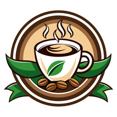 Obraz premium Coffee Cup with Steam and Beans in a Circle Logo