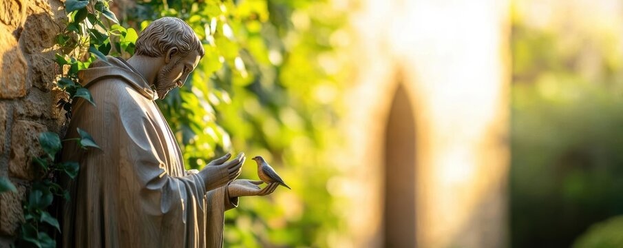 A detailed shot of an intricately carved wooden statue of Saint Francis of Assisi holding a bird, set against the backdrop of an old stone church with ivycovered walls