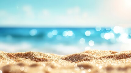 Stunning Summer Beach Scenery with Soft Bokeh, Sandy Shore, and Gentle Waves, Ideal for Vacation and Relaxation Posters, Ads, and Promotional Materials.