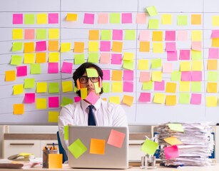 Young employee in conflicting priorities concept