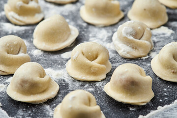 Handmade Ukrainian meat dumplings, ready for cooking, traditional varenyky with meat filling