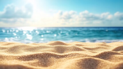 Stunning Summer Beach Scenery with Soft Bokeh, Sandy Shore, and Gentle Waves, Ideal for Vacation and Relaxation Posters, Ads, and Promotional Materials.