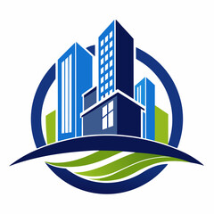 Fototapeta premium Stylized Illustration of a Cityscape with Green Grass and a Blue Circle