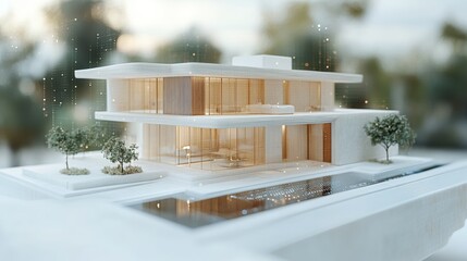 A miniaturized modern home design hovering above a digital device