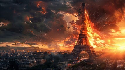 A fiery explosion envelops the Eiffel Tower, casting an eerie glow over the city below. The sky is filled with sparks and smoke, while the city lights twinkle in the distance.