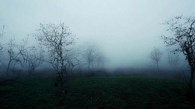 Spooky scenery of leafless trees disappearing in the fog, creating a mysterious and eerie atmosphere, perfect for halloween projects