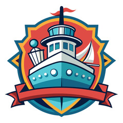 Cartoon Ship Logo with Red Ribbon and Starburst Frame