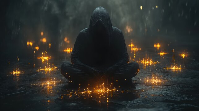 A mysterious hacker surrounded by glowing cryptocurrency icons, creating a network of data