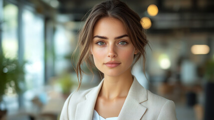 Fototapeta premium Young businesswoman is posing in a modern office setting, wearing a blazer