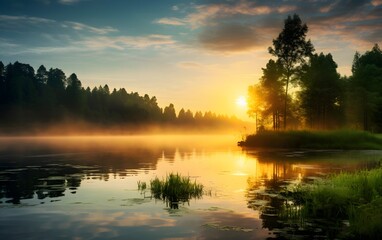 Obraz premium Peaceful Lake Scene at Sunrise, Highlighting the Calmness and Tranquility of Nature