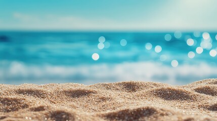 Stunning Summer Beach Scenery with Soft Bokeh, Sandy Shore, and Gentle Waves, Ideal for Vacation and Relaxation Posters, Ads, and Promotional Materials.