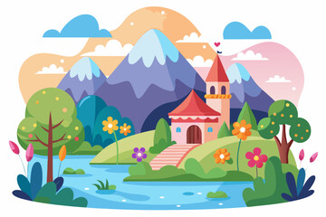 Naklejka premium Cartoon Illustration of a Fantasy Castle in a Mountain Valley