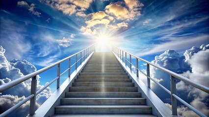 Fototapeta premium A stairway reaching up towards the sky with fluffy clouds in the background, stairway, sky, clouds, ladder, upward, height