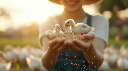 Woman feeding ducks with grains, community and farming activities