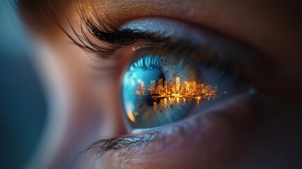 A cityscape reflected in the eyes of a person, symbolizing dreams and aspirations, city in eyes, emotional dreams