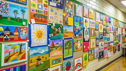 A close-up shot of a colorful classroom wall decorated with educational posters and student artwork , classroom, wall
