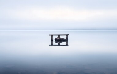 Solitary Bench in the Middle of a Calm Lake, Emphasizing Solitude and Reflection in a Minimalist Setting