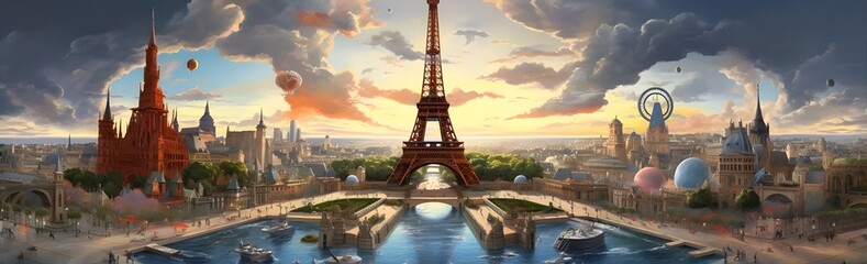 Obraz premium Artistic Panorama of Paris Featuring the Eiffel Tower at Sunset, Highlighting the Iconic Beauty of the City of Love