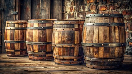 Fototapeta premium Rustic old wooden barrels with metal bands , vintage, weathered, aged, storage, beverage, winery, rustic, container, drums