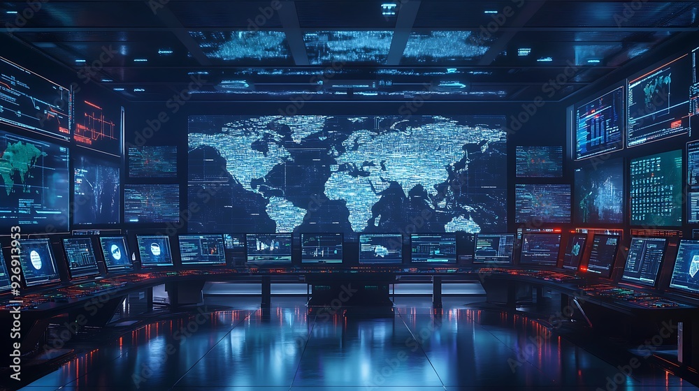 Poster high-tech cyber security command center with real-time threat detection