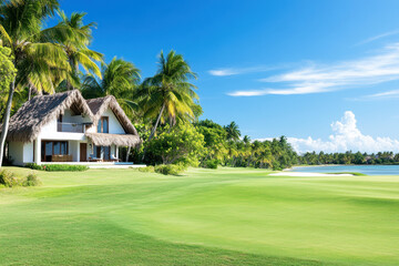 Fototapeta premium Cozy traditional bamboo bungalow by green grassland, natural living