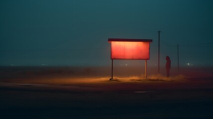Neon Sign in a Foggy Desert Landscape at Night, Capturing the Eerie Beauty of Isolation and Light