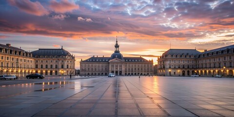 Obraz premium Scenic view of Place de la Bourse at sunset in Bordeaux, France, Bordeaux, France, Place de la Bourse, sunset, skyline