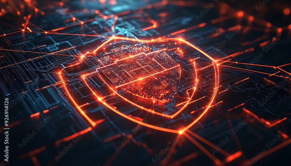 Poster visualization of secure network with protective shield deflecting cyber threats