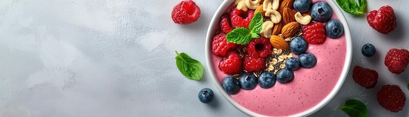 A smoothie bowl topped with fruits, nuts, and seeds, with a bright kitchen setting, promoting a nutritious breakfast option
