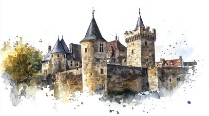 Obraz premium Medieval Castle Watercolor Illustration: A Journey Through Time