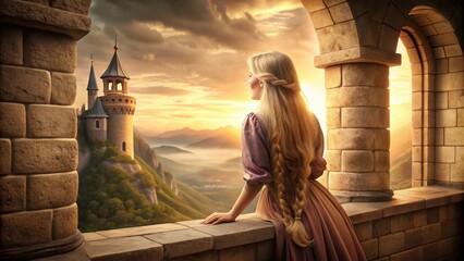 Rapunzel gazes out of the tower window in a sepia-toned fantasy world, fairytale, princess, tower, long hair, fantasy